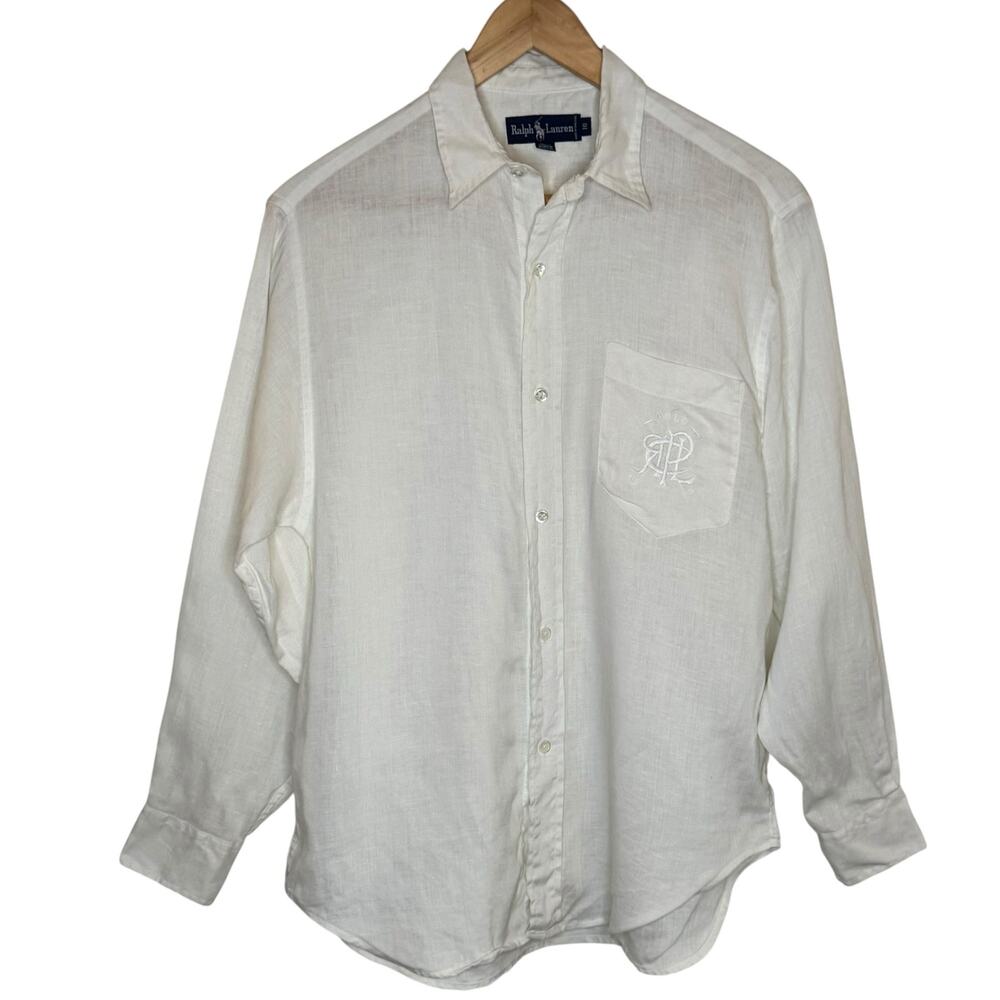 Vintage Ralph Lauren 100% Linen Embroidered Polo Monogram White Blouse
